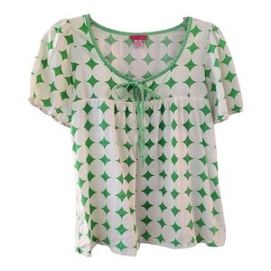 Sugar 17 Green and White Patterned Tie Front Blouse - Size S